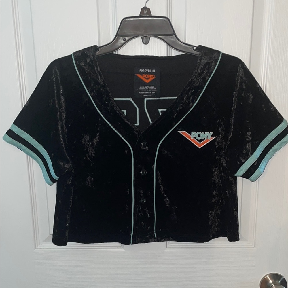 Forever 21/PONY Black Velveteen Button-Up Top with Teal Trim